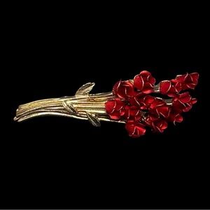 Vintage Signed David Monn Brooch Dozen Red Roses Bouquet